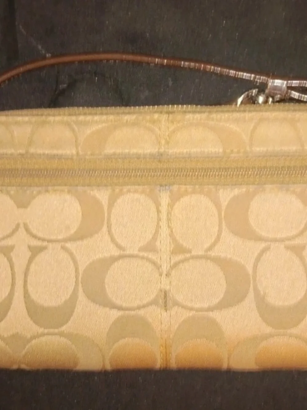 Coach Tan Signature Canvas Wristlet with Brown Leather Trim